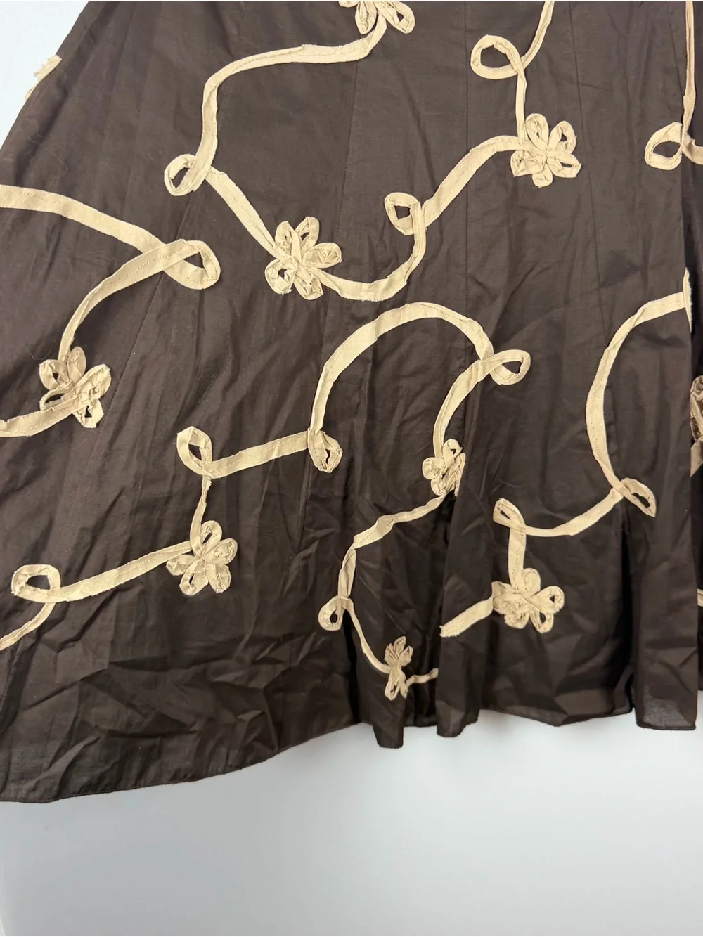 Sunny Leigh Y2K Brown Tan Floral Ribbon Appliqué Midi Skirt Fairy 100% Cotton 8